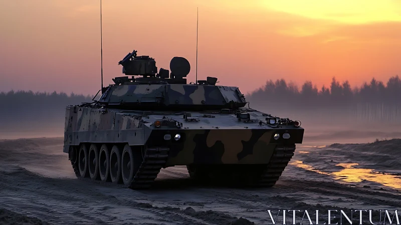 Tracked armored vehicle on sandy terrain at sunset.