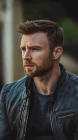 Portrait shows man in leather jacket looking to the side