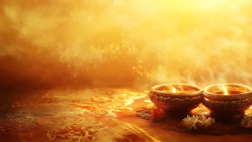 Two metal oil lamps with floral motifs emit soft yellow light