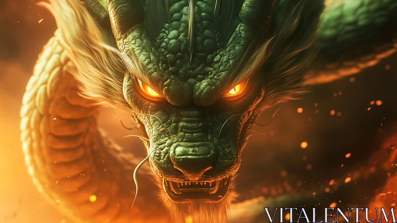 Emergent emerald dragon head amid swirling inferno embers