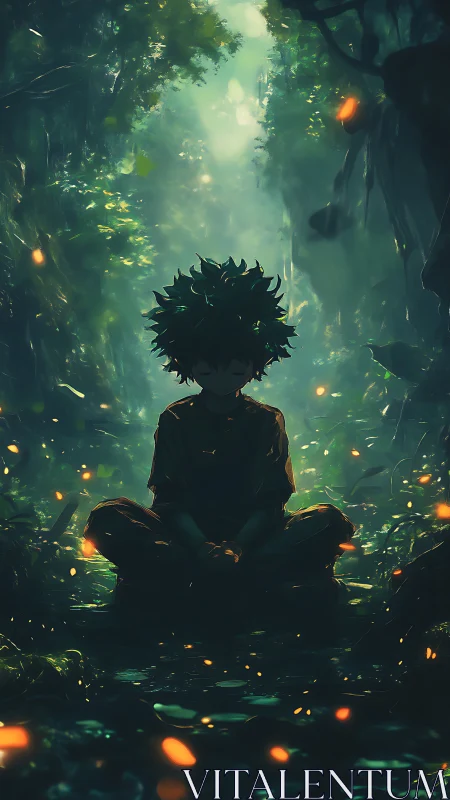 Bioluminescent forest meditation with silhouetted anime figure.