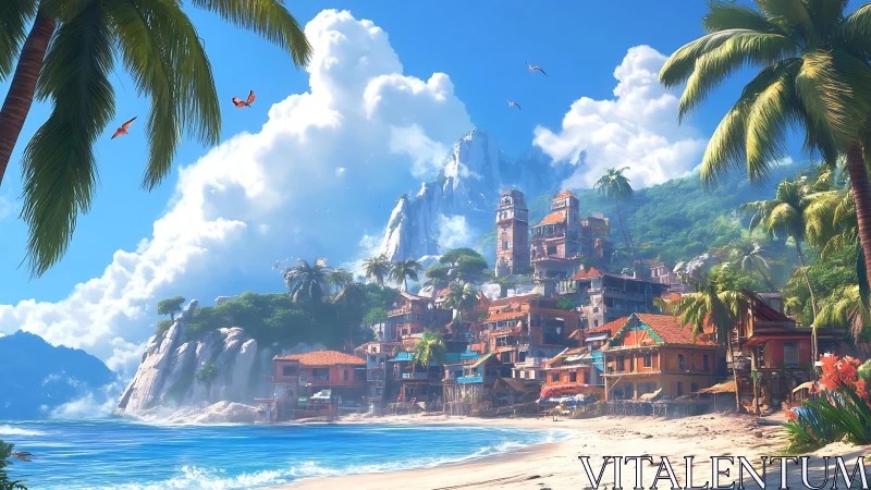 Castaway Sanctuary: Where Crumbling Towers Meet Turquoise Shores.