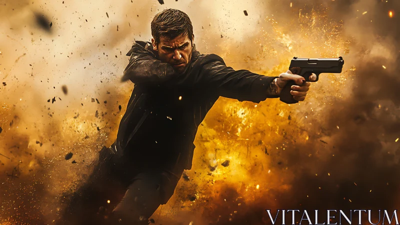 Dynamic mid-air gunman isolated against high-energy explosion field