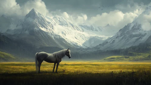Solitary white horse stands in vast alpine valley under peaks