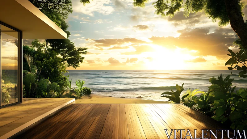 Modern tropical deck overlooking sunlit ocean horizon at dawn