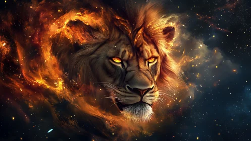Lion head merges with fiery cosmic nebula in dark space