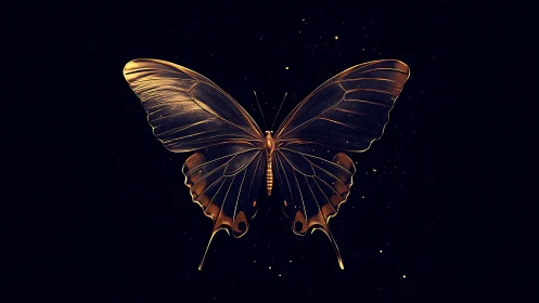 Metallic-gold butterfly rendered with high-contrast rim lighting on deep black