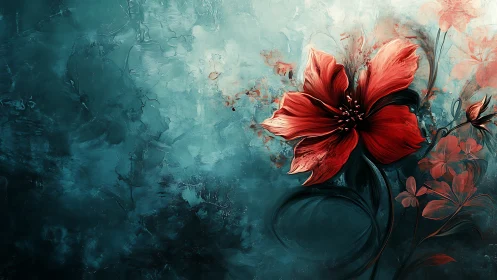 Red floral digital painting on textured teal backdrop.