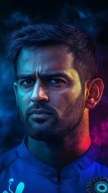 Photorealistic neon portrait with dual-tone rim lighting aesthetics.