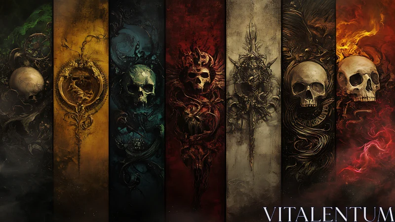 Digital painting triptych of elemental skull totems in panels.