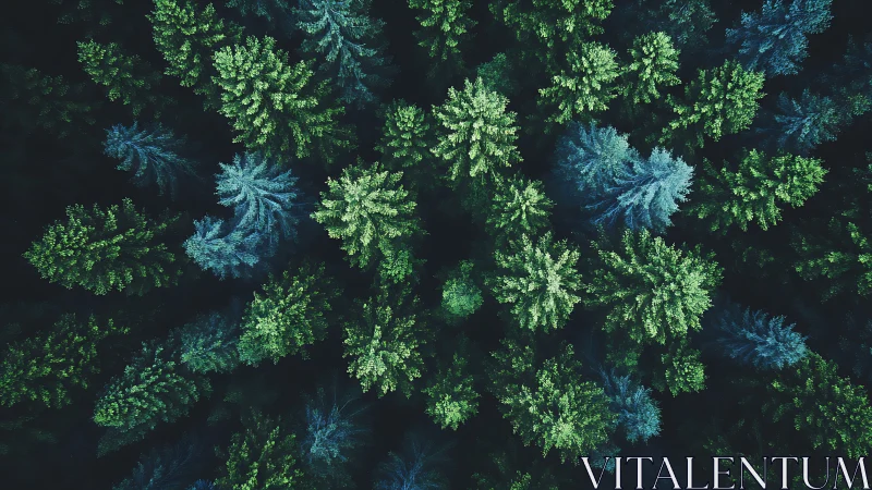 Aerial View of Lush Evergreen Forest in Cool Tones, Nature Photography.