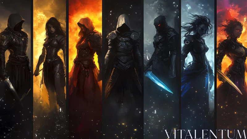 Shadowy elemental assassins stand in blazing and icy rifts