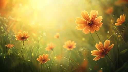 Warm-Toned Daisy Flowers Rendered in Digital Painting With Golden Hour Bokeh Effects