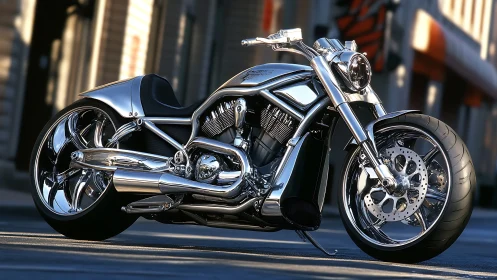 Custom chrome motorcycle on empty urban street at dusk.