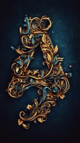 Ornate baroque number four in gold and teal filigree.