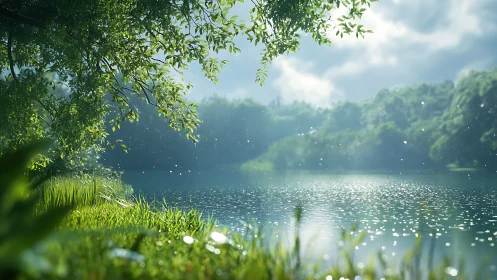 Calm forest lake with sunlight on water surface scene.