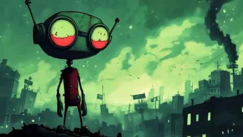 Small red robot surveys polluted green post-apocalyptic cityscape
