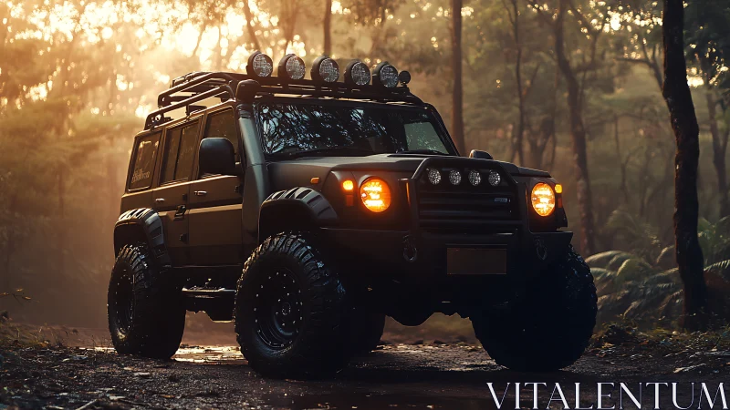 Off-road SUV with roof lights in misty forest trail.