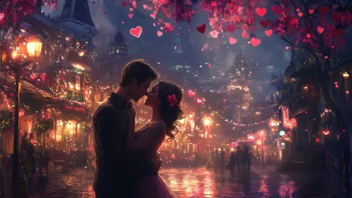 3D Rendered Luminescent Urban Romance Scene With Procedural Heart Particle Effects