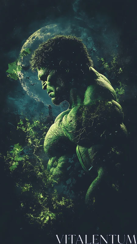 Brooding green titan stands against a fractured cosmic moon