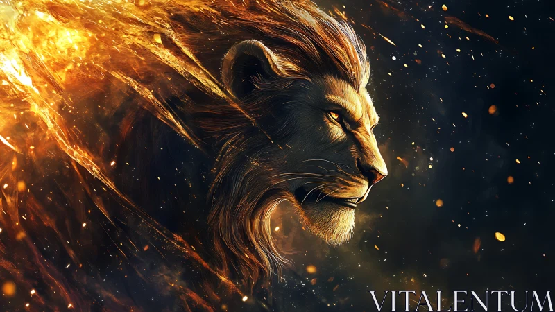 Lion of living fire racing through a star-sparked night.