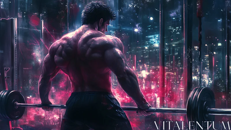 Cyberpunk bodybuilder framed against neon night skyline