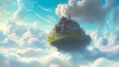 Floating Castle Sky. Epic Fantasy Architecture Cloud.