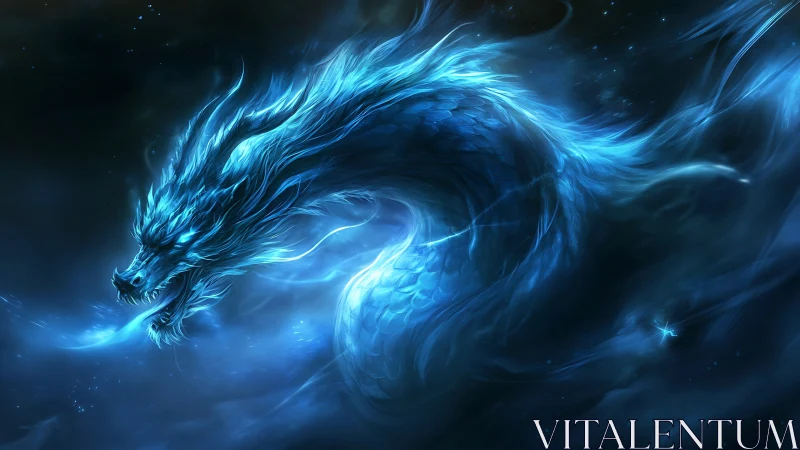 Mystic blue dragon swirls through starlit cosmic mists
