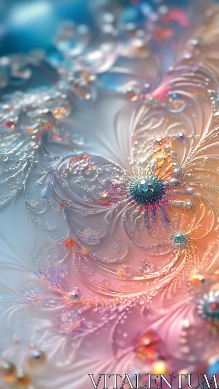 Iridescent fractal blooms radiate through pastel light.
