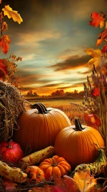 Autumn pumpkins glow beneath a fiery harvest sunset sky.