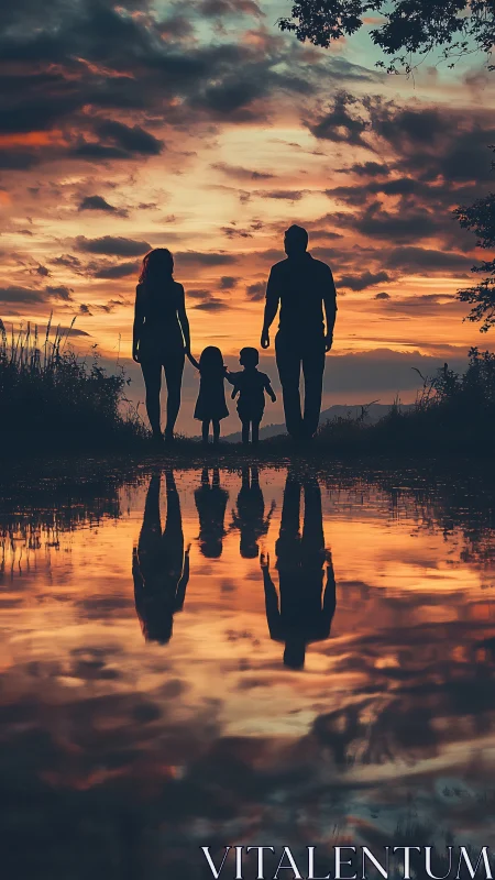Family silhouettes walking by reflective sunset water.