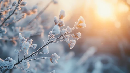 Backlit frosted branches capture winter bokeh in shallow depth