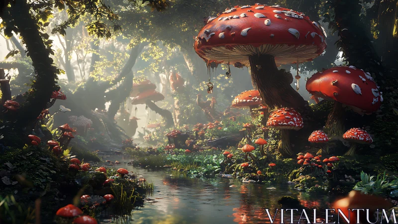 Fantasy forest stream with towering fly agaric canopy design.