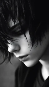 Melancholic closeup profile of youth in monochrome portrait.