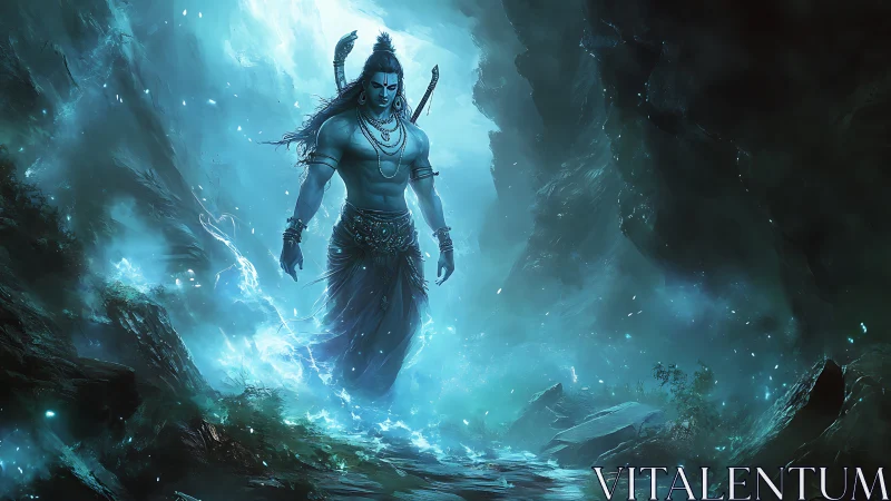Divine blue warrior descending through ethereal luminous gorge.