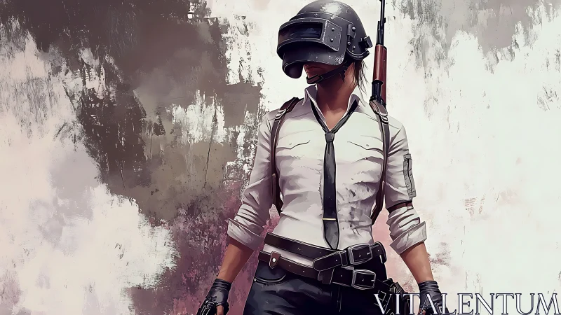 Tactical fighter in helmet over abstract textured backdrop.