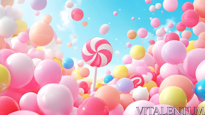 Surreal candy world with balloons and lollipop.