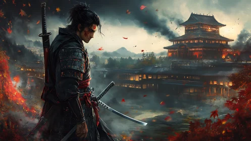 Ronin warrior before burning samurai fortress at dusk.