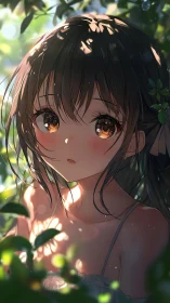 Anime girl in dappled forest light with foliage details.
