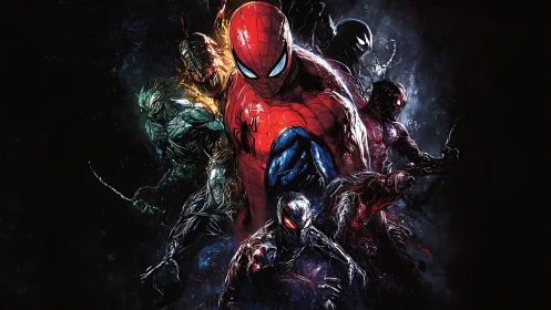 Multiverse spider-hero team in dynamic neon-lit combat cluster