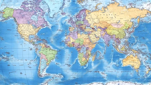 Political world map with pastel countries and shaded oceans.