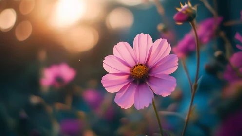 Pink cosmos blooms in golden light amid teal garden.