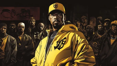 Man in yellow streetwear stands before large urban crowd