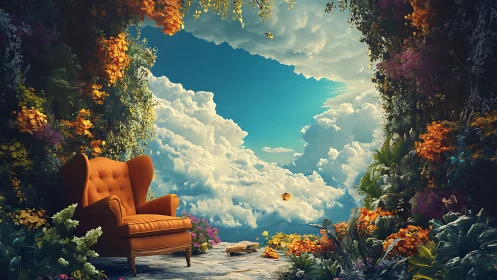 Cozy orange armchair welcomes you into a dreamy sky garden