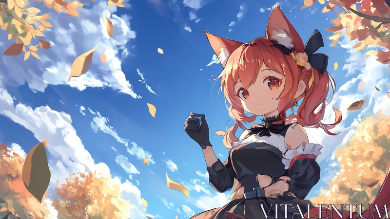 Fox-eared anime girl under clear autumn blue sky.
