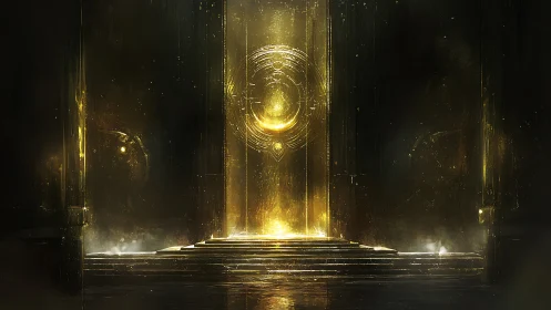 Central luminous portal structure dominates dark interior space