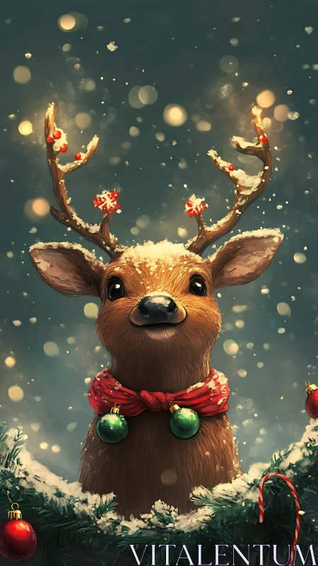 Snowy reindeer friend wrapped in cozy holiday magic.