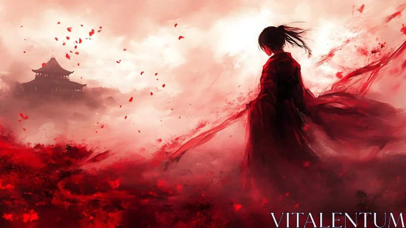 Solitary swordbearer in crimson mist before distant pagoda