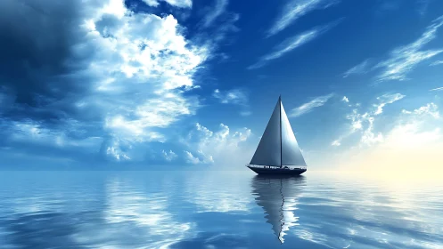 Solitary white sailboat on glassy blue seascape horizon.