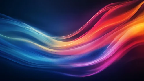 Multicolored light waves flow diagonally across dark background